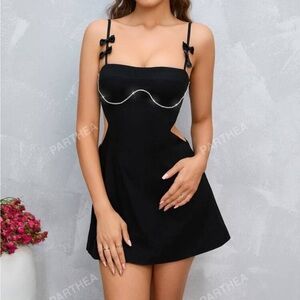 Parthea Shein Chic Black Mini Cutout Dress with Rhinestone and Bow Details